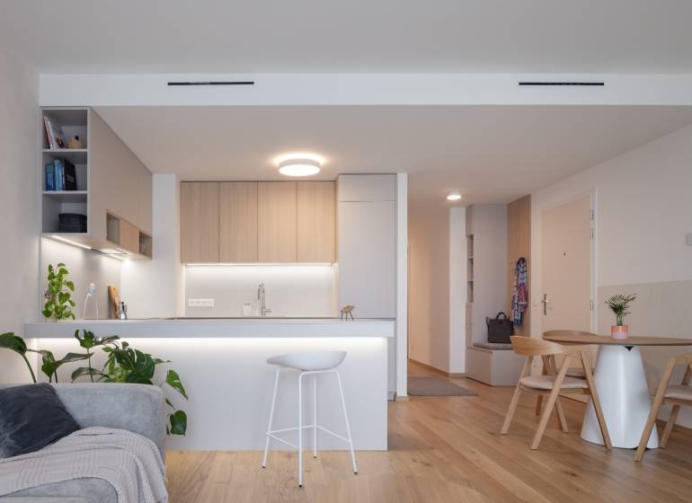 A kitchen in a 3-room apartment with a bar counter and plants, floor with wooden decor.
