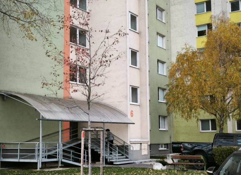 Apartment block on Korytnická Street, Bratislava - Podunajské Biskupice, surrounded by greenery.