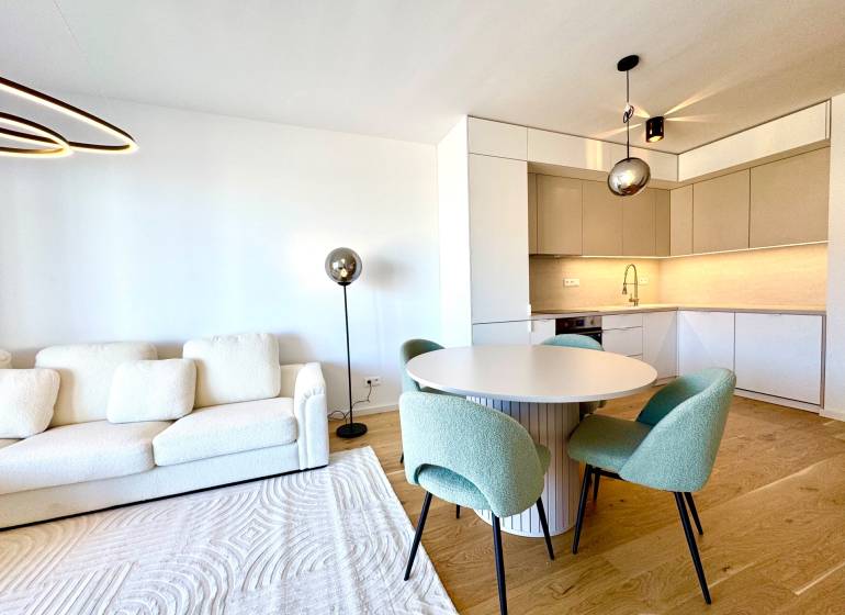 Bright living room with a kitchenette, wooden decor flooring, 2-room apartment.