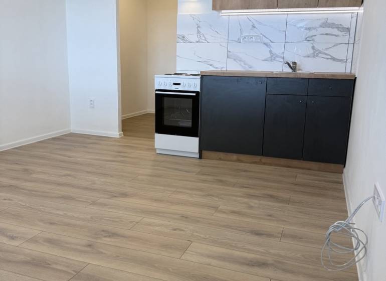 Studio apartment with a kitchenette, stove, and wood-patterned flooring.