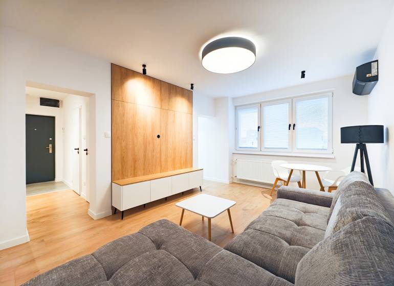 Living room with a sofa, dining table, wooden floor decor in a two-room apartment.