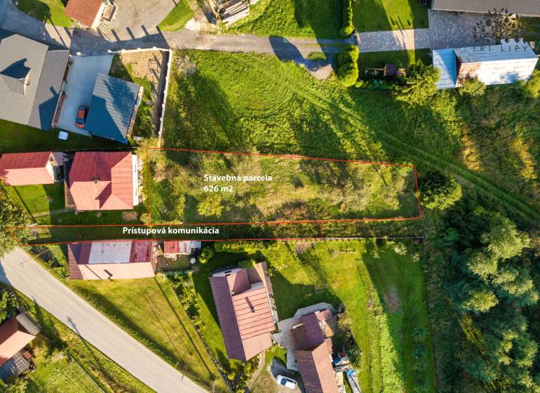 Aerial view of a building plot in Turzovka, Residential land, with access road.