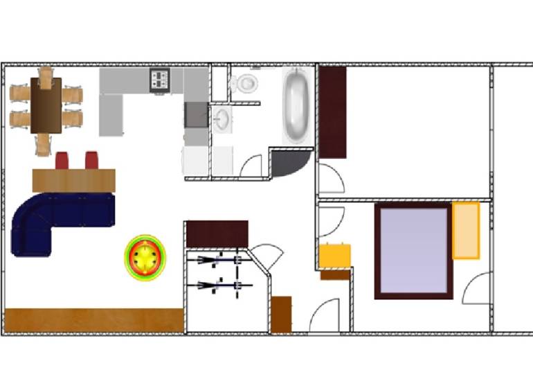 Floor plan of a 3-room apartment with furniture layout and bathroom equipment.