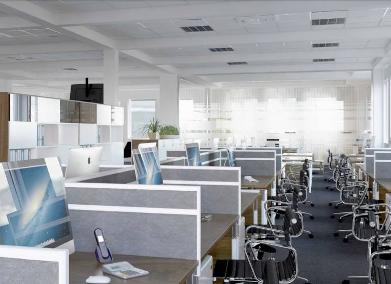 Offices with computers and chairs, wooden decor flooring, and workspace.