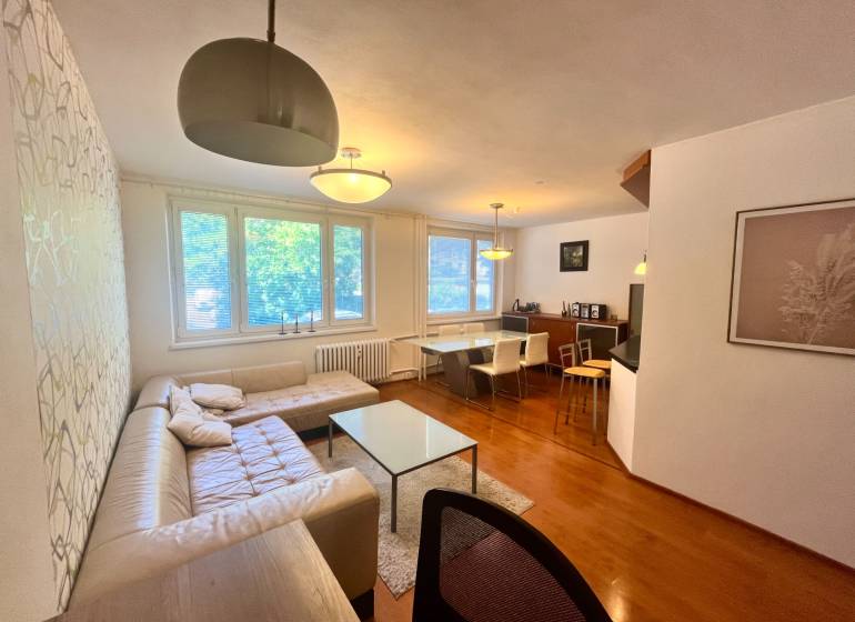 Living room in a 3-room apartment with a sofa, table, and dining area.