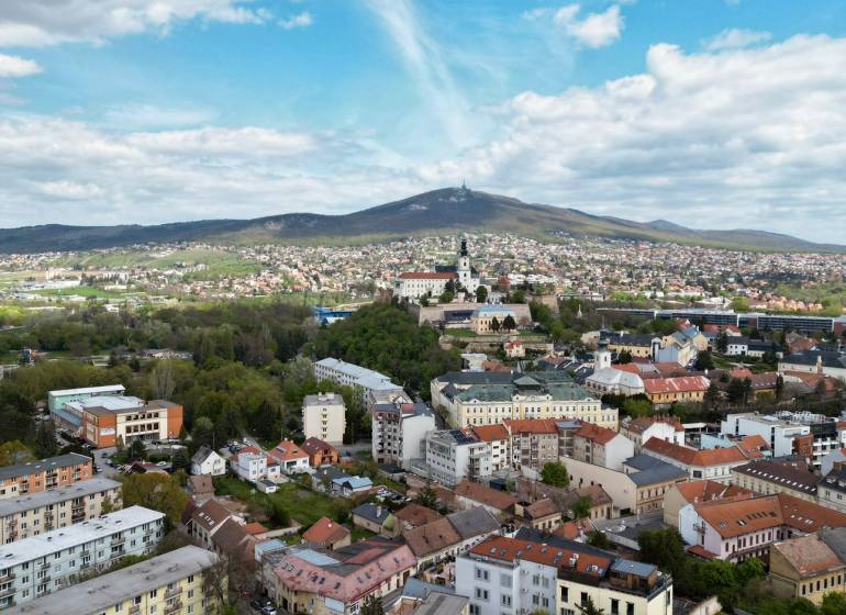 Aerial view of Nitra from Ivana Braunera Street with a view of family houses and the landscape.