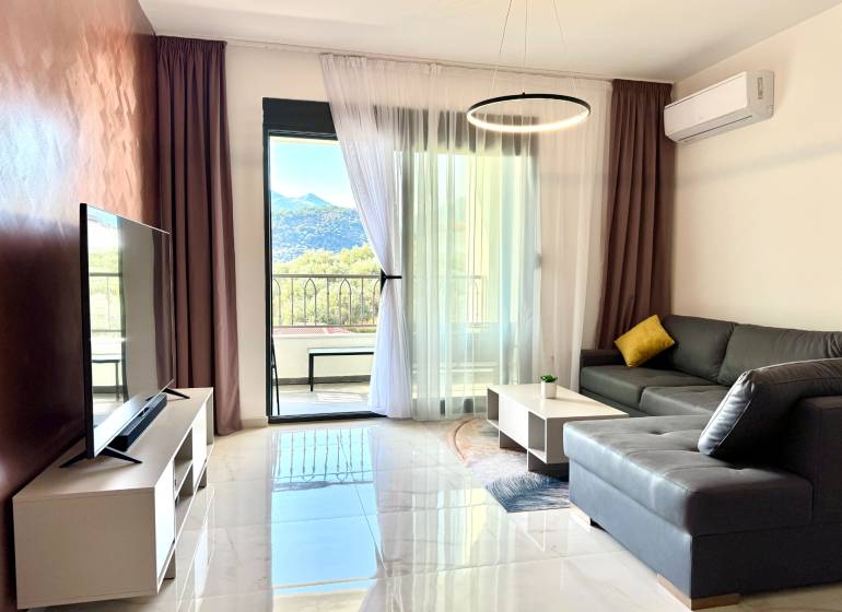 Living room in a studio apartment with a leather sofa, TV, and a view of the mountains.