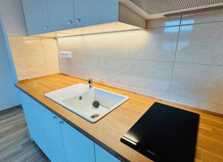 A kitchen unit in a studio apartment with a ceramic sink and a cooktop.
