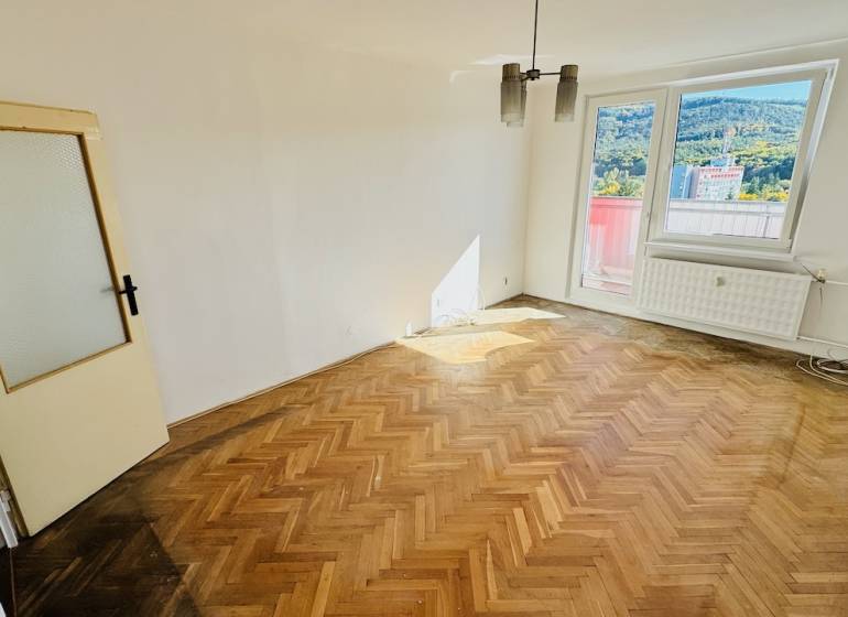 A room with a wooden decor floor in a studio apartment, large window, door with glazing.