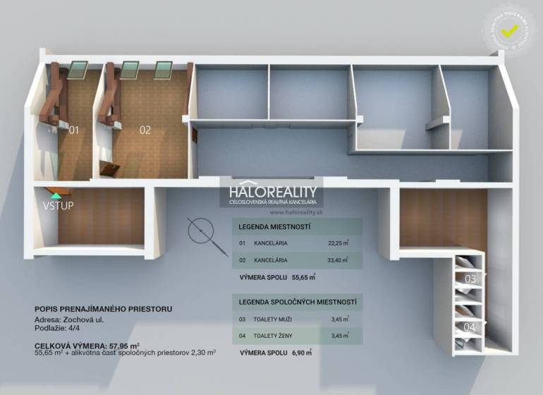 Floor plan of offices with wood-patterned flooring, including shared restrooms.