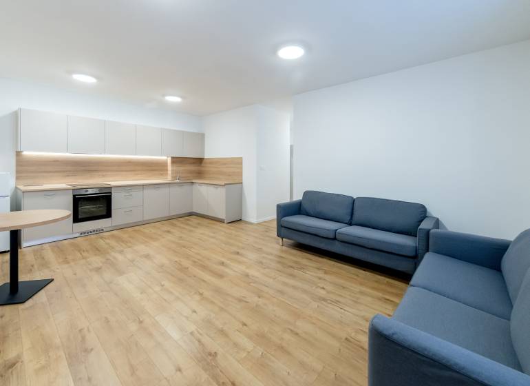 Kitchen and living room in a 3-room apartment with a wooden decor floor, gray sofas, and a table.