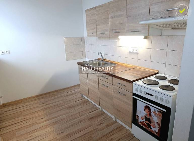 A kitchen in a studio apartment with a wood-patterned floor and an electric stove.