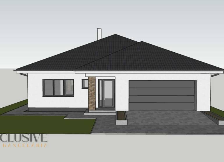 Visualization of a family house in Bajč with a garage and access to a paved area.