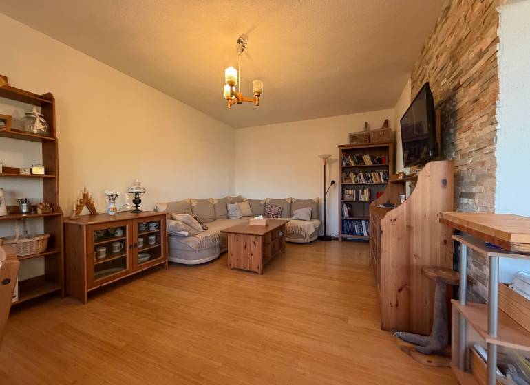 Living room with a sofa, wood-decor floor, bookshelf, and a TV on the wall.