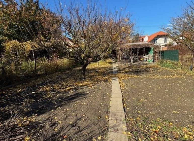 Autumn garden on Stredná Street in Bratislava-Ružinov with a path and trees.