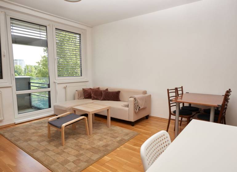 Living room with a sofa, dining table, and wood-patterned flooring in a two-room apartment.