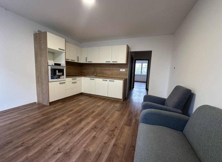 Studio apartment with a kitchenette, wooden decor flooring, and a pair of armchairs.