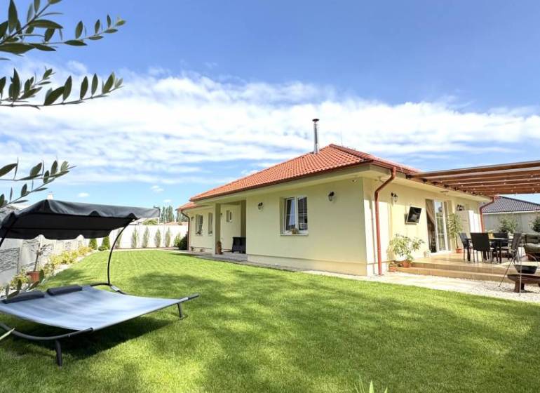 A garden at a family house in Dunajská Streda with a lounger and a terrace under the blue sky.