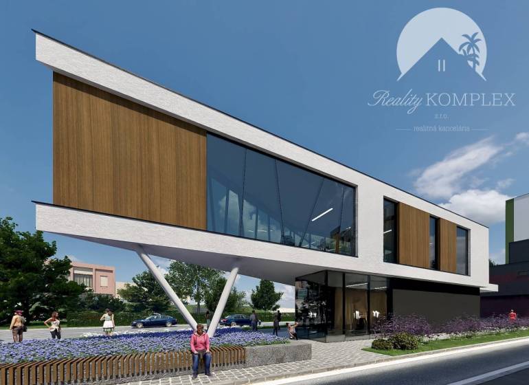 Modern building, glass walls, street, greenery, people outside, urban living.