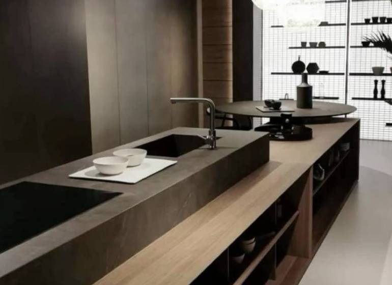 The image shows an elegant kitchen with lighting, a sink, and modern shelves in a 2-room apartment.