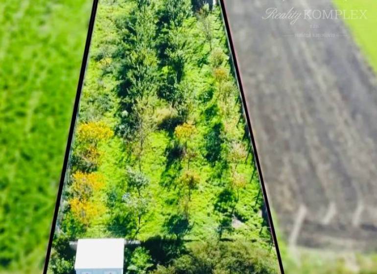 Aerial view of a residential plot in Veľký Meder with lush vegetation.