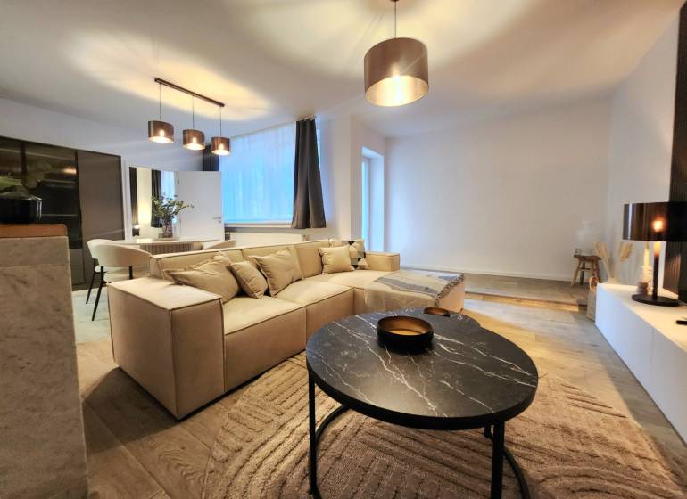 Interior of a 2-room apartment with a comfortable sofa, stylish coffee table, and flooring with a wooden decor.