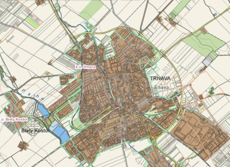 The map of Trnava shows agricultural and forest lands with a road network and water bodies.