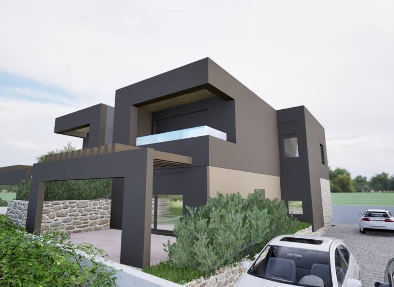Recreational apartment in Vodice with modern architecture, stone walls, and parking.