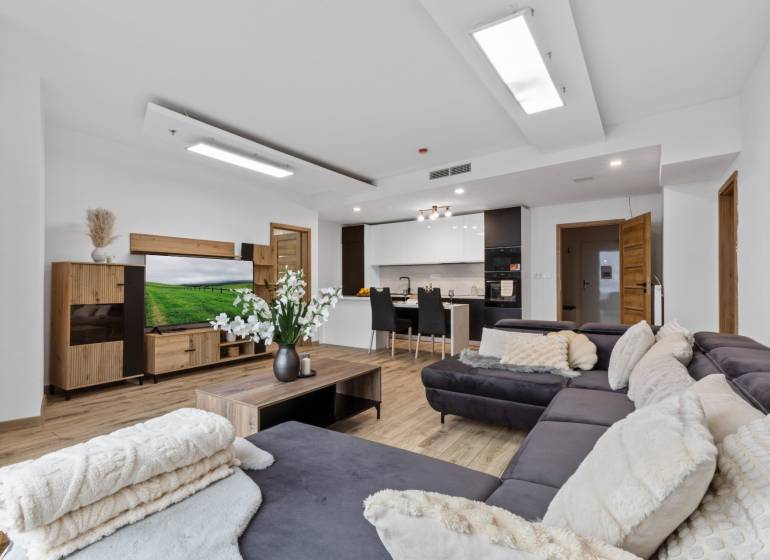 Living area in a 3-room apartment with a kitchen, wooden decor flooring, and a comfortable sofa.