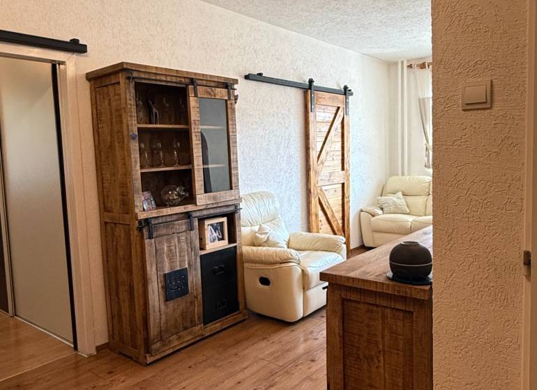 Living room in a 3-room apartment with a sofa and a wooden decor floor.