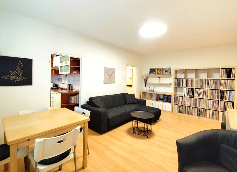 Living room in a 3-room apartment with a sofa, dining table, and a shelf for records.