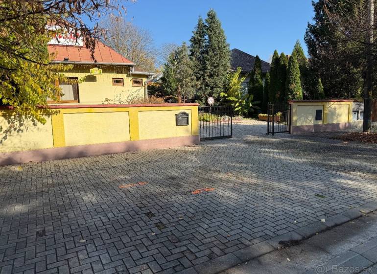 Commercial premises on Park Street and the main road in Veľké Ludince with a gate and trees.
