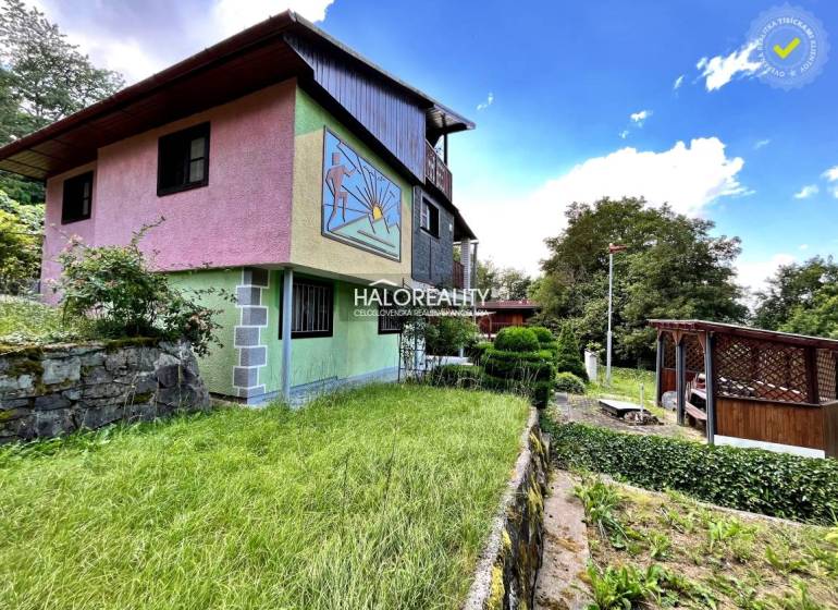 Colorful cottage in Dudince surrounded by greenery, decorative mosaic on the wall, wooden shelter.