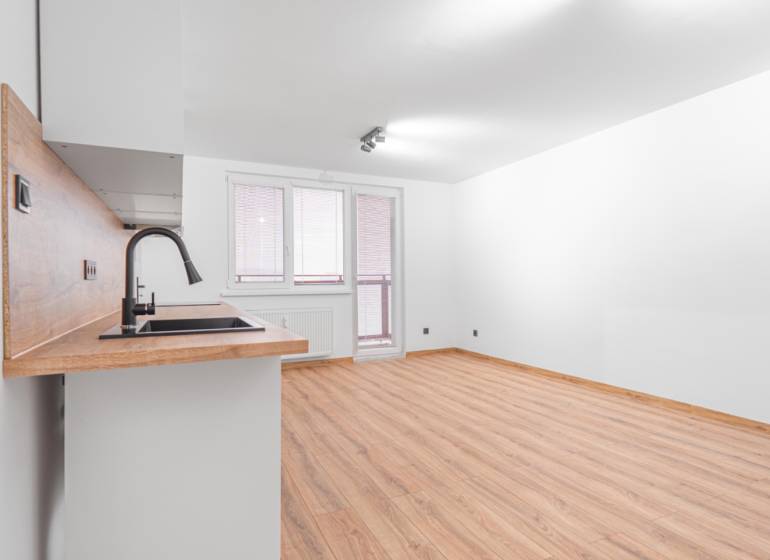 Living room in a studio apartment with a wood-patterned floor and built-in kitchen unit.