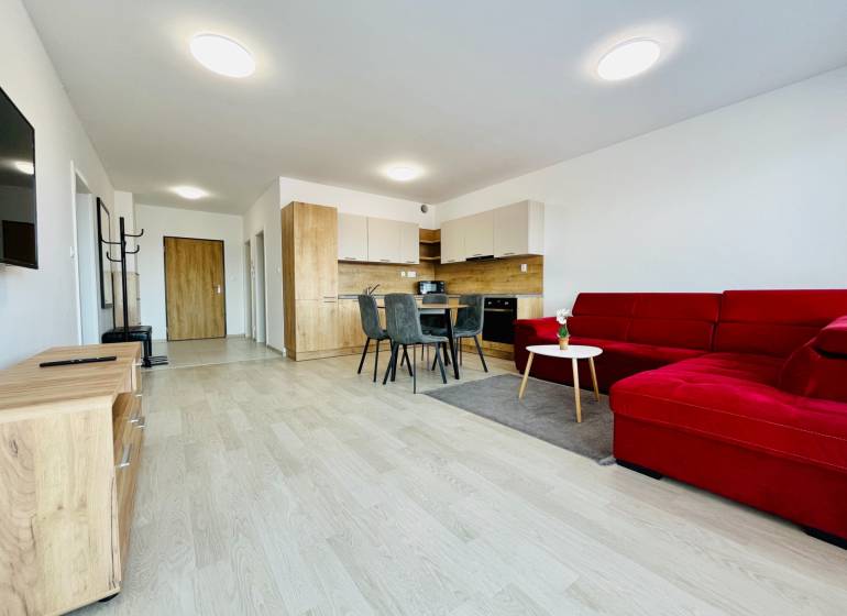 Living room with a red sofa, kitchen, and wood-patterned flooring in a three-room apartment.