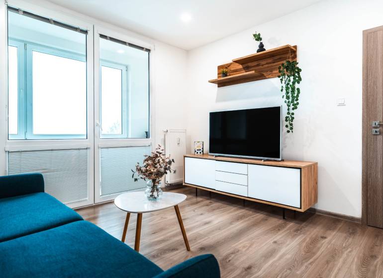 Living room in a 2-room apartment with a sofa, television, and wooden decor flooring.