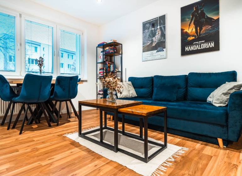 Living room in a 2-room apartment with a blue sofa and a wooden-patterned floor.