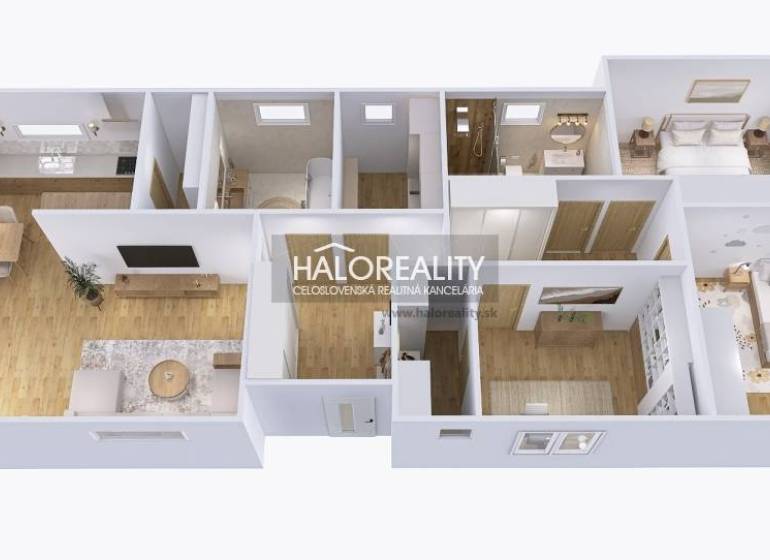 3D floor plan of a family house with spacious rooms and wooden decor floors.