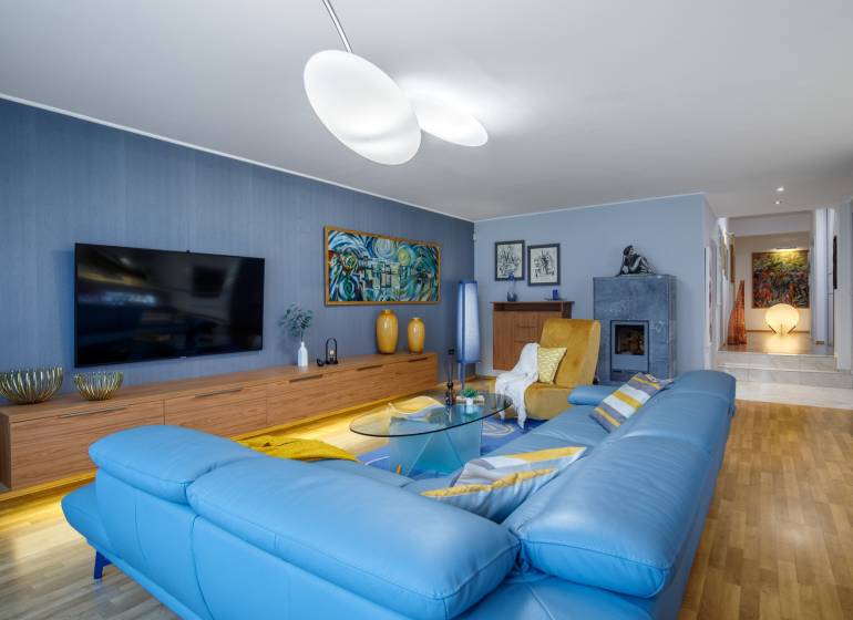 Living room in a family house with a blue sofa, wood-patterned flooring, and a television.