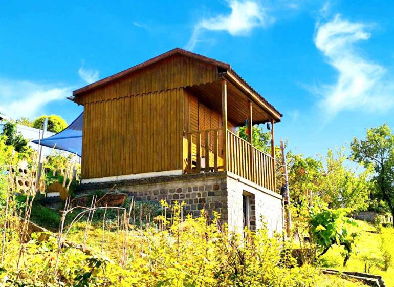 A wooden cabin surrounded by nature on a hillside, ideal for relaxation in a peaceful environment.