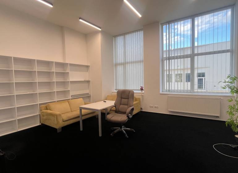 Offices with black carpet, furniture, shelving systems, and large windows.