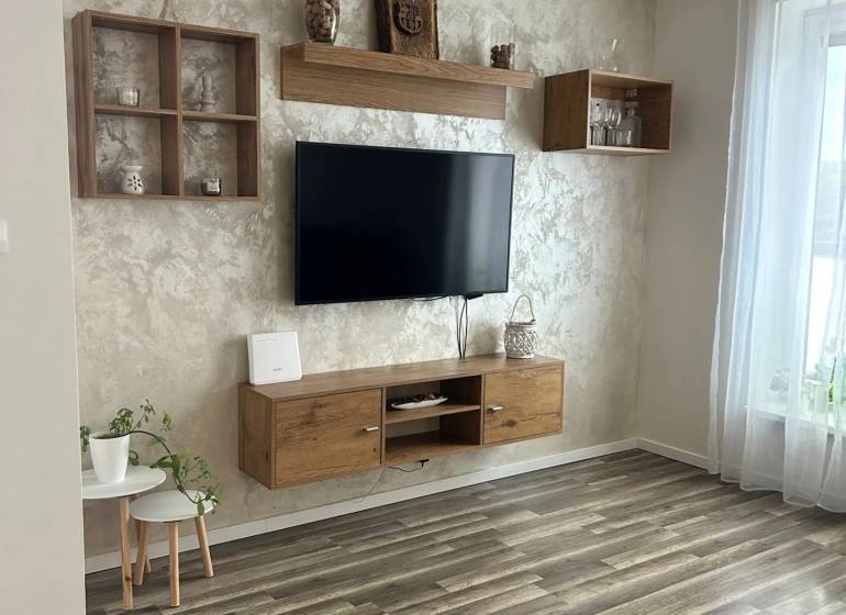 Living room in a 3-room apartment with a wooden decor floor, a mounted TV, and decorations.