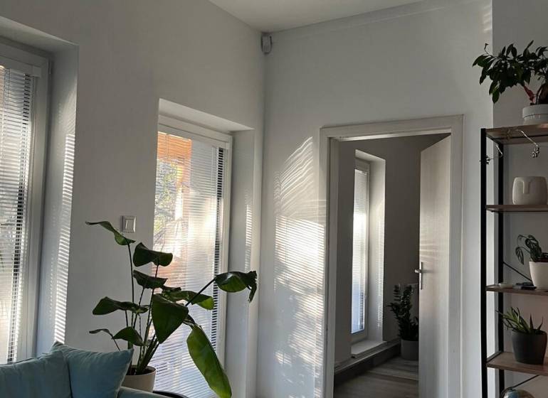 A bright living room with plants, a sofa, and a wooden decor floor in a four-room apartment.