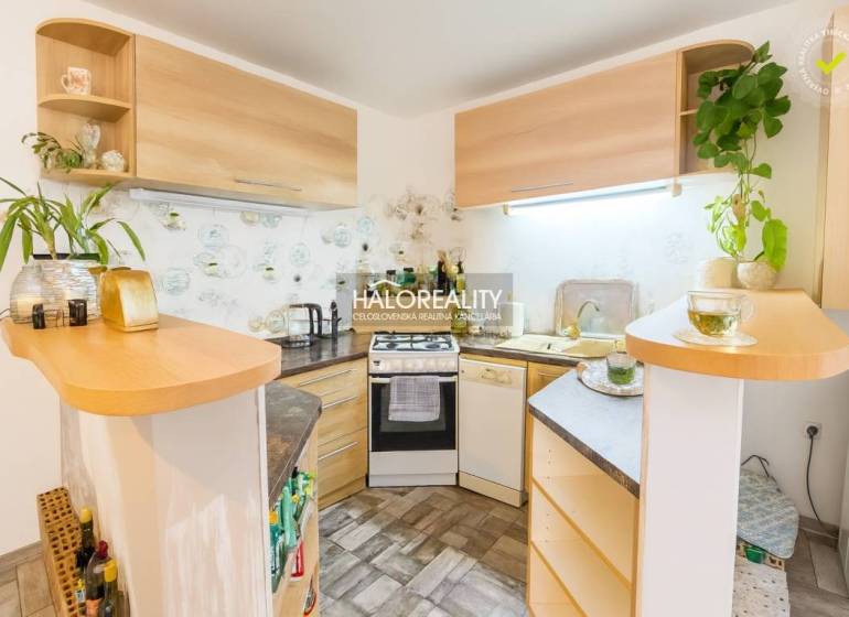 A kitchen in a family house with a corner unit and wooden decor, decorative plants on the shelves.