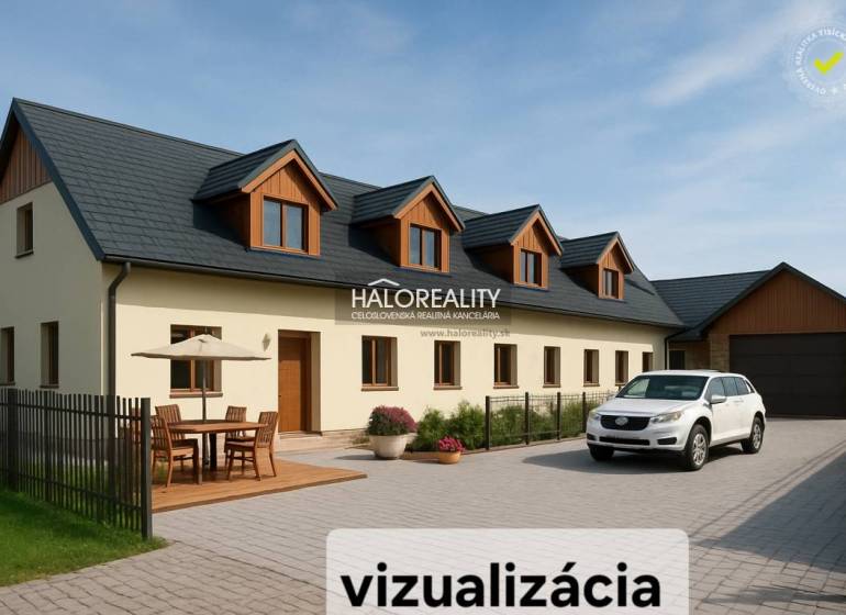 A family house in Tibava with a terrace, a car in front of the garage, and garden furniture.