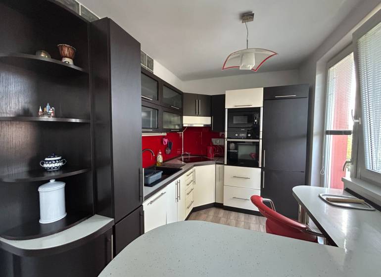 A kitchen in a studio apartment with a wood-patterned floor and red tiles.