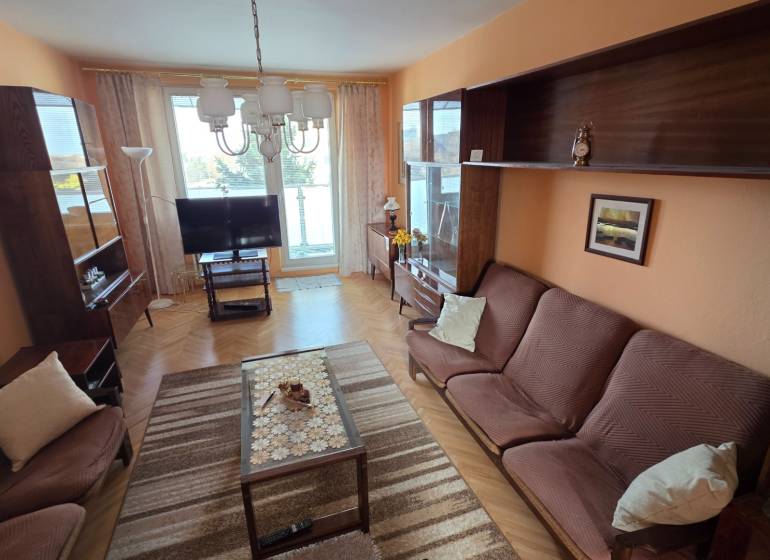 Living room in a 3-room apartment with sofas, cabinets, and wood-patterned flooring.