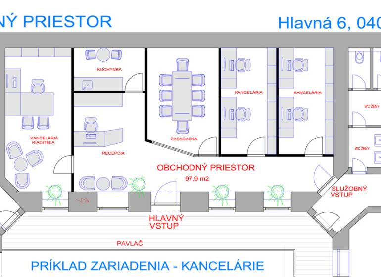 The floor plan of the commercial premises includes offices, a meeting room, a kitchenette, and storage rooms.
