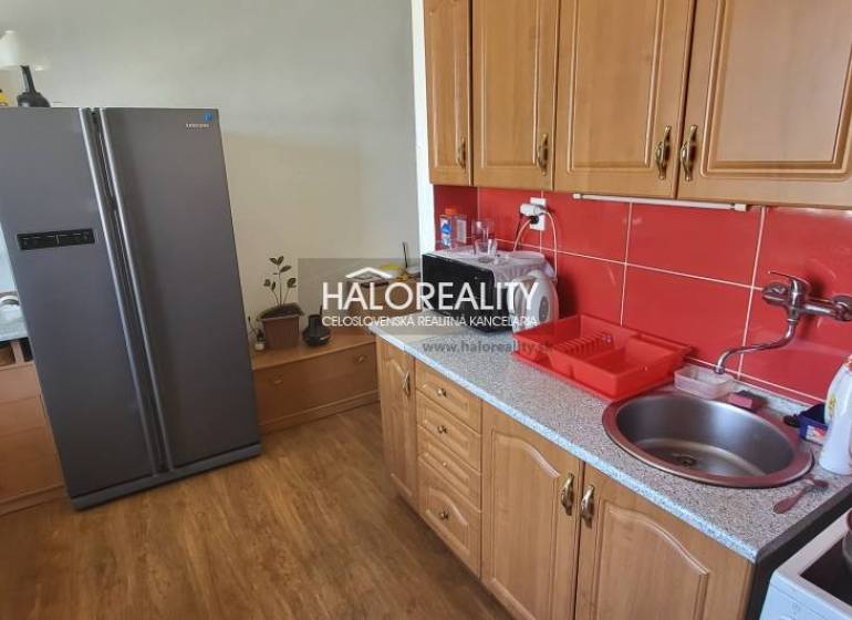 A kitchen in a studio apartment with wooden cabinets, red tiles, and a large refrigerator.