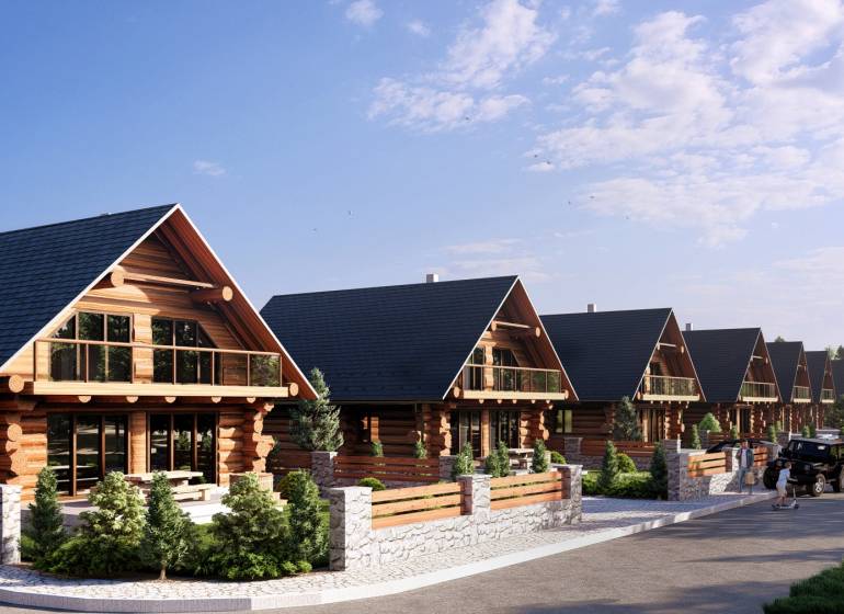 The construction of houses in Nová Lesná captures a series of wooden mountain cottages with terraces.